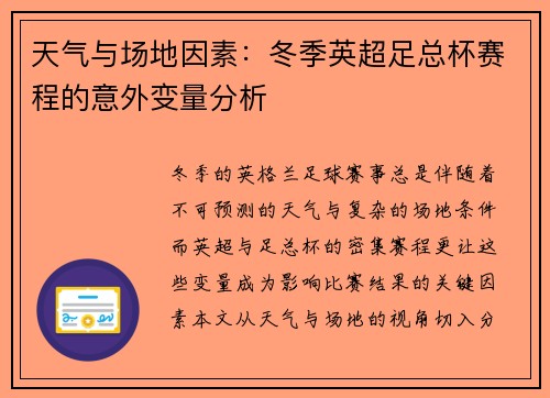 天气与场地因素：冬季英超足总杯赛程的意外变量分析